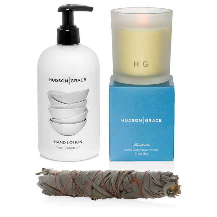 Hudson Grace Fresh Perspective Gift Set: white hand lotion, frosted candle in blue box, and sage bundle.