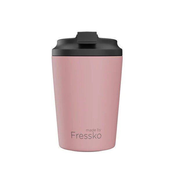 Pink thermos cup with black lid
