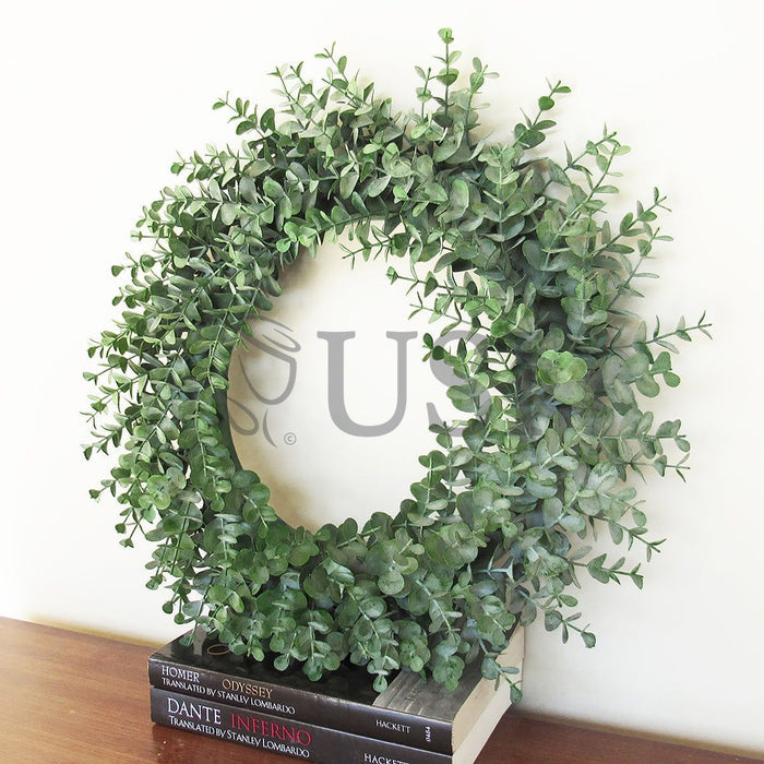Frosted Eucalyptus Leaf Wreath Plastic, 18in, Frosted Green