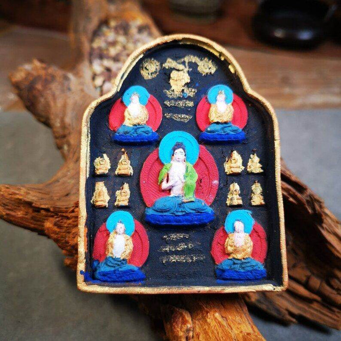Gandhanra Painted Tibetan Tsa Tsa Mold Statue,Five Dhyani Buddhas - Tibetan Buddhist statue, front view
