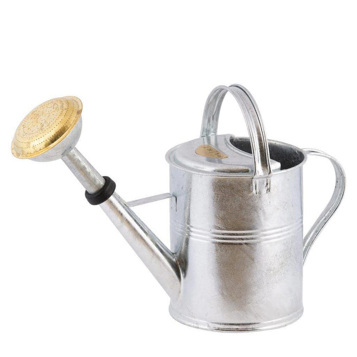 HG Garden 9-liter galvanized watering can with a silver body and brass-colored rose.