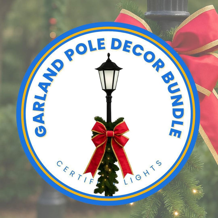 Certified Lights Garland Pole Decor Bundle featuring green garland and a red and gold nylon bow on a light pole.
