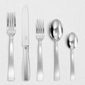 Gio Ponti 5-piece stainless steel flatware set with mirror finish: table fork, knife, dessert fork, spoons.
