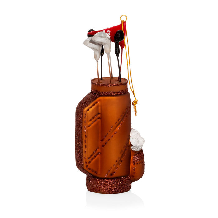 6-inch mouth-blown glass golf bag ornament with glitter, tiny clubs, and a red flag.