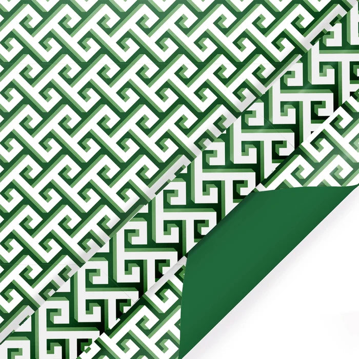 Green and White Greek Key with Green Solid Reversible Holiday Wrapping Paper