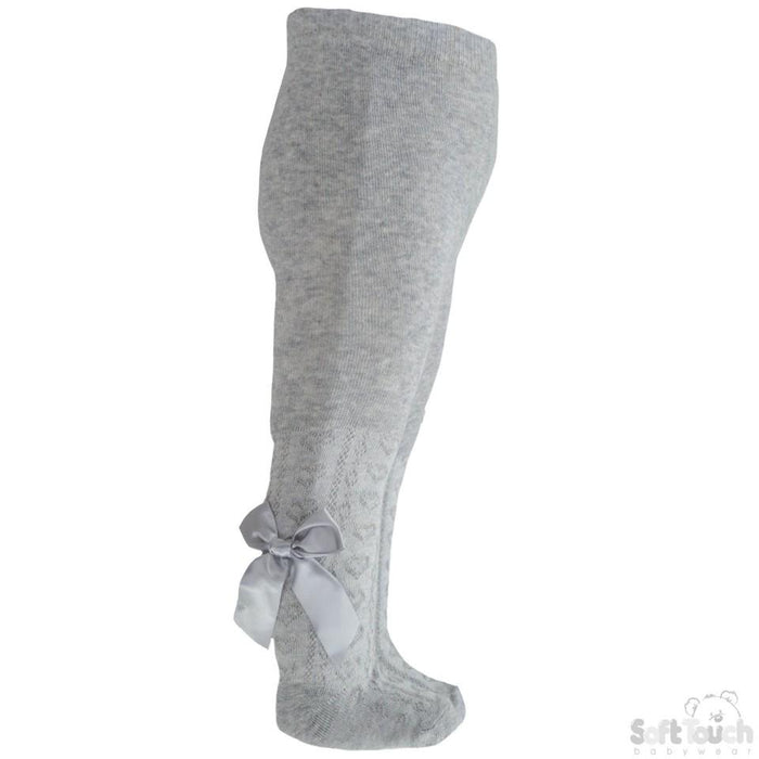 Grey Hearts Jacquard Tights W/Longbow - NB-24 Months - T42-G - Kidswholesale.co.uk