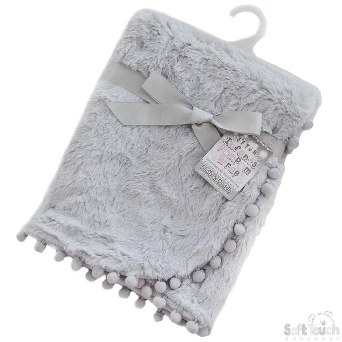 Grey High Pile Wrap W/Pom Pom Trim: FBP170-G - Kidswholesale.co.uk