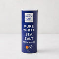 Halen Mon Pure White Sea Salt from Wales, 250g, in a tall blue and white cylindrical container.