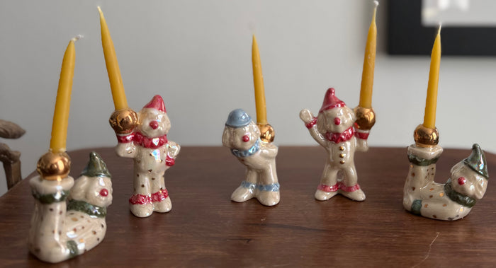 Handmade ceramic clown cake toppers, birthday candle holder, circus, gold