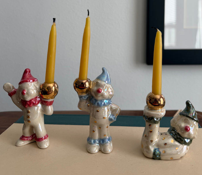 Handmade ceramic clown cake toppers, birthday candle holder, circus, gold