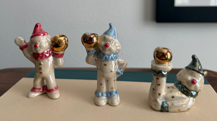 Handmade ceramic clown cake toppers, birthday candle holder, circus, gold