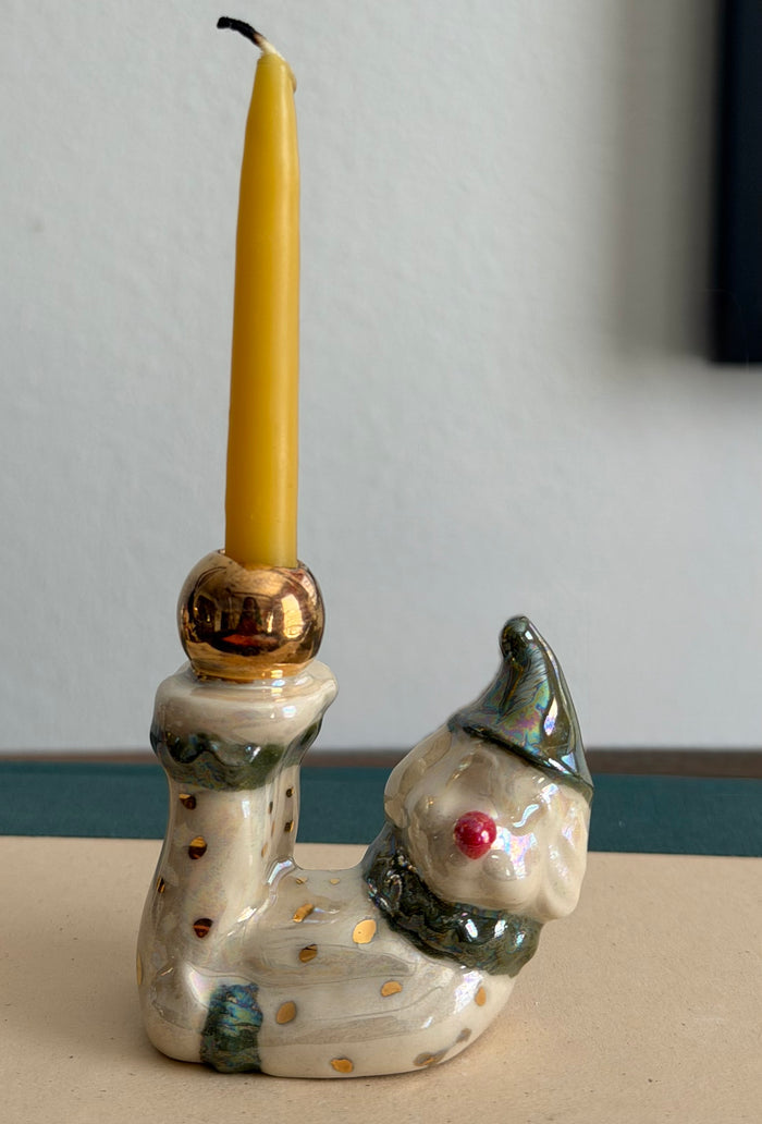 Handmade ceramic clown cake toppers, birthday candle holder, circus, gold