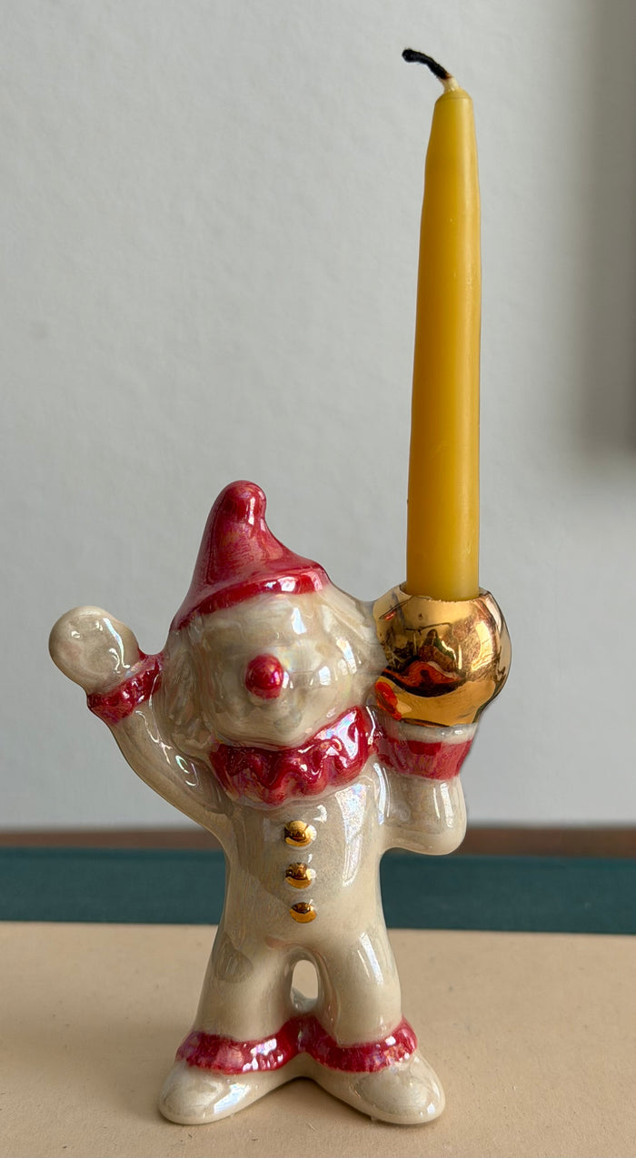 Handmade ceramic clown cake toppers, birthday candle holder, circus, gold