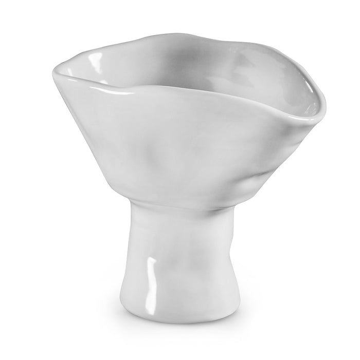 White handmade ceramic pedestal bowl by Montes Doggett, 6"H x 5"W, with organic shapes.