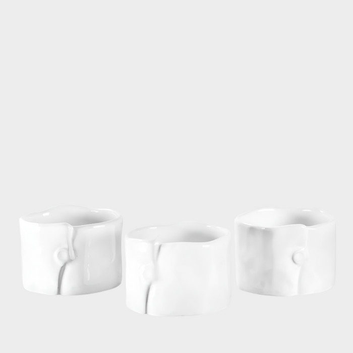 Set of 3 handmade Montes Doggett creamy white ceramic ramequins, 3"Dia x 2"H, with organic shape.