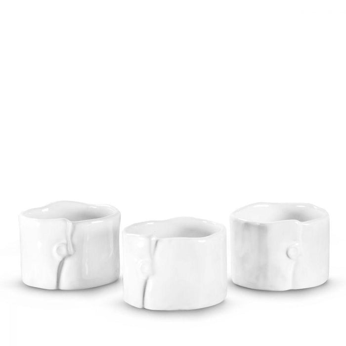 Set of 3 handmade creamy white ceramic ramequins with organic shapes and unique button-like details.