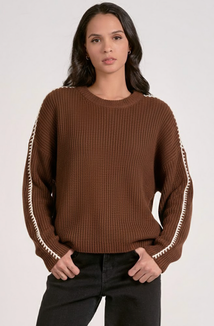 HBIC Contrast Stitch Brown Chunky Sweater