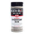 a shaker bottle filled with Heath Riles BBQ & Grilling Authentic everyday rub, great on everything, 14 ounces