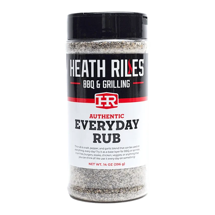 a shaker bottle filled with Heath Riles BBQ & Grilling Authentic everyday rub, great on everything, 14 ounces