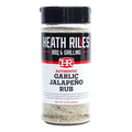 12 oz shaker bottle full of garlic jalapeño rub, a savory and delicious seasoning that's great on everything