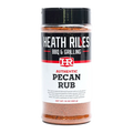 10 ounce shaker bottle full of heath riles bbq & grilling pecan rub, a sweet and savory blend with a pecan forward flavor