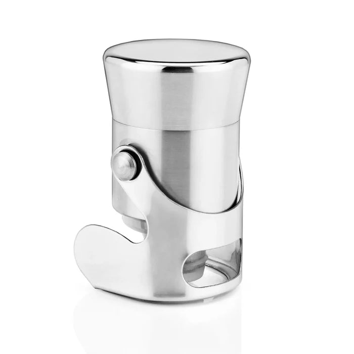 Heavyweight stainless steel champagne stopper with a brushed finish and polished top, designed to fit standard bottles.