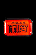 Red metal cannabis storage box with “HELLBOY” graphic and “LEGENDARY AF” text.