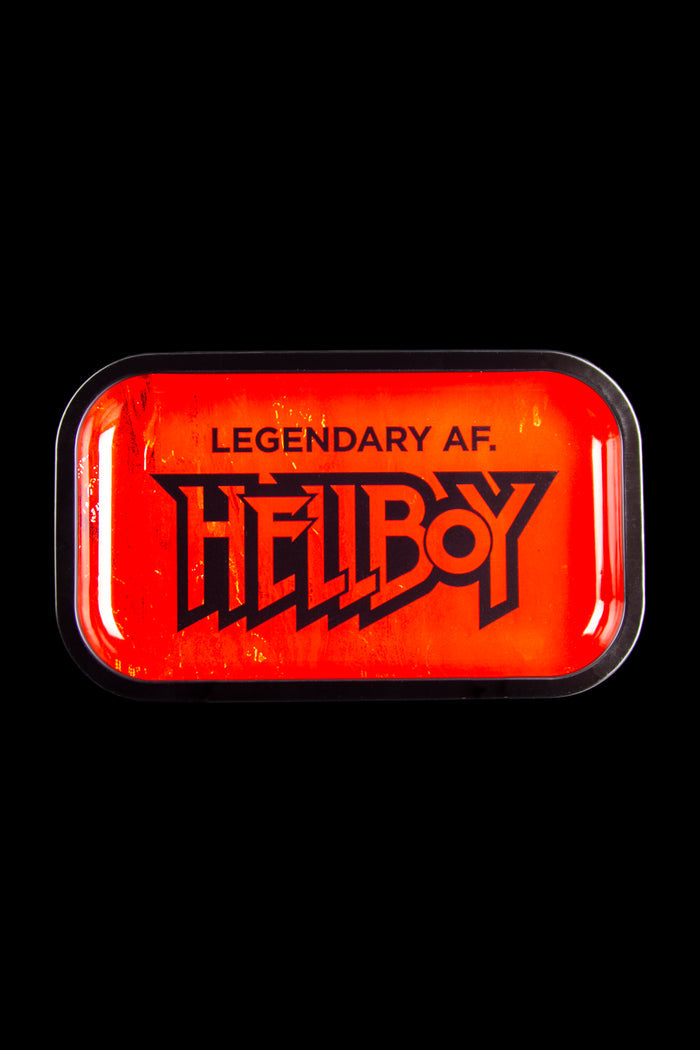 Red metal cannabis storage box with “HELLBOY” graphic and “LEGENDARY AF” text.