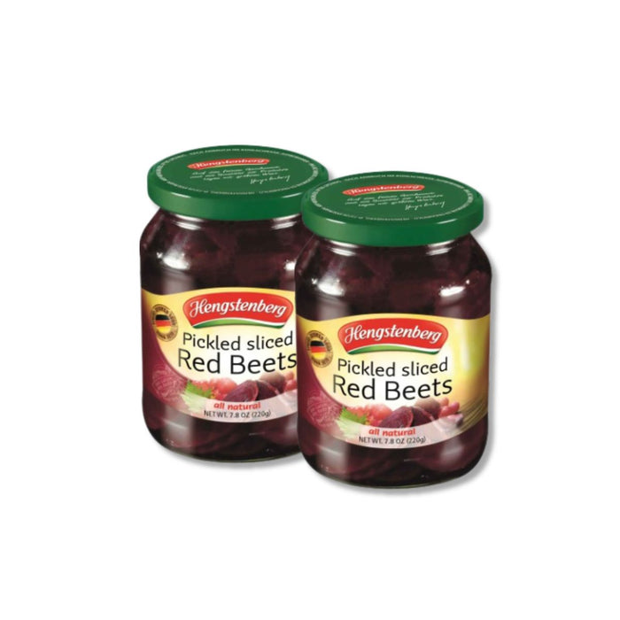 Two glass jars of Hengstenberg Pickled Sliced Red Beets with green lids, displayed on a clean white background.