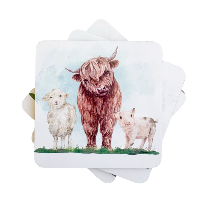 highland cow and friends coasters