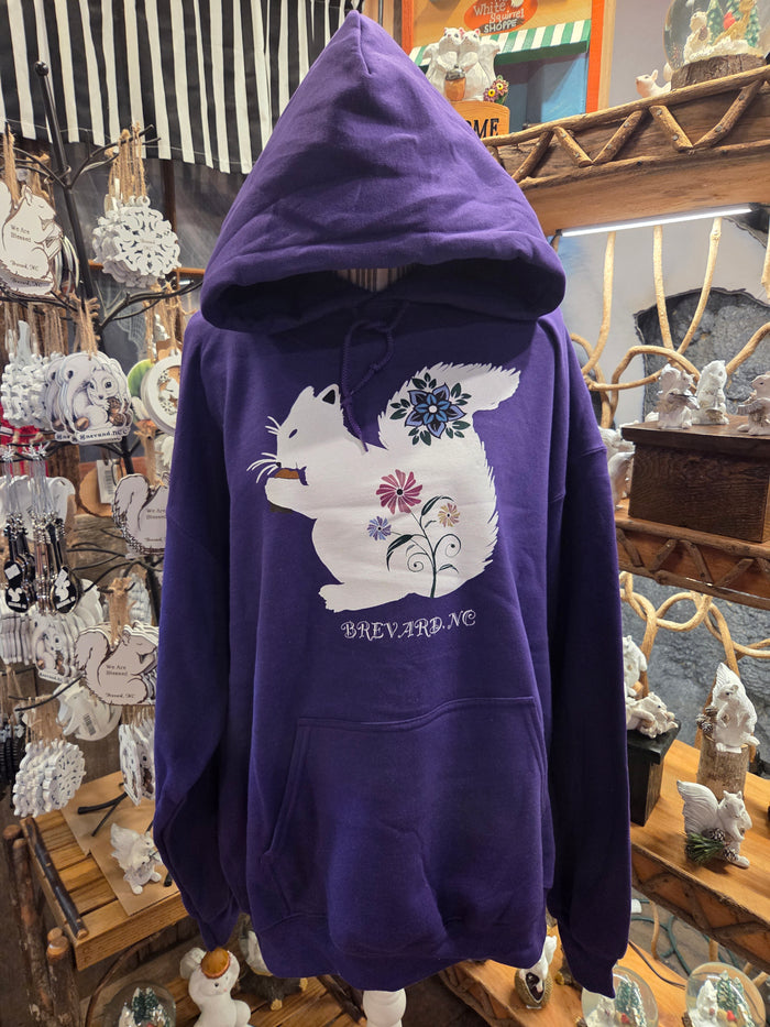 Hoodie - Adult - Purple with White Squirrel Floral Design - Brevard NC Artist Collection