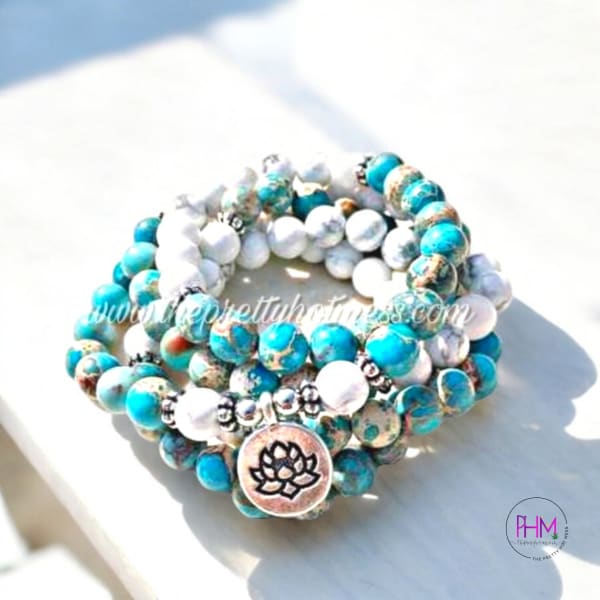 Howlite and Jasper Lotus Manifesting Mala Beads 🪷 - Bracelet