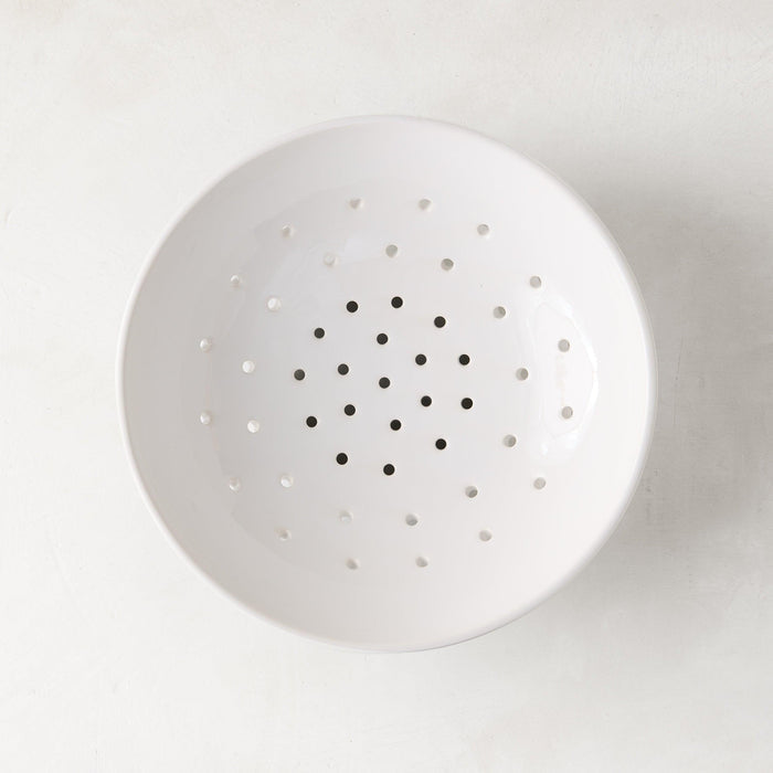 Hudson Grace white ceramic berry bowl, 9"Dia. x 2.5"H, with drainage holes.