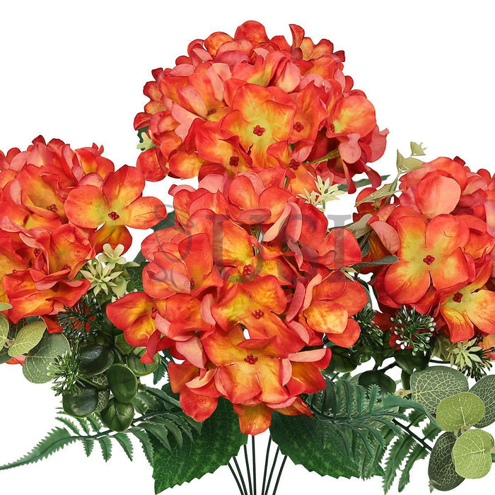 Hydrangea Flower Bush w Filler x7, 19in, Red Orange