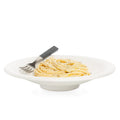 White ceramic individual pasta bowl with spaghetti, pepper, and a fork.
