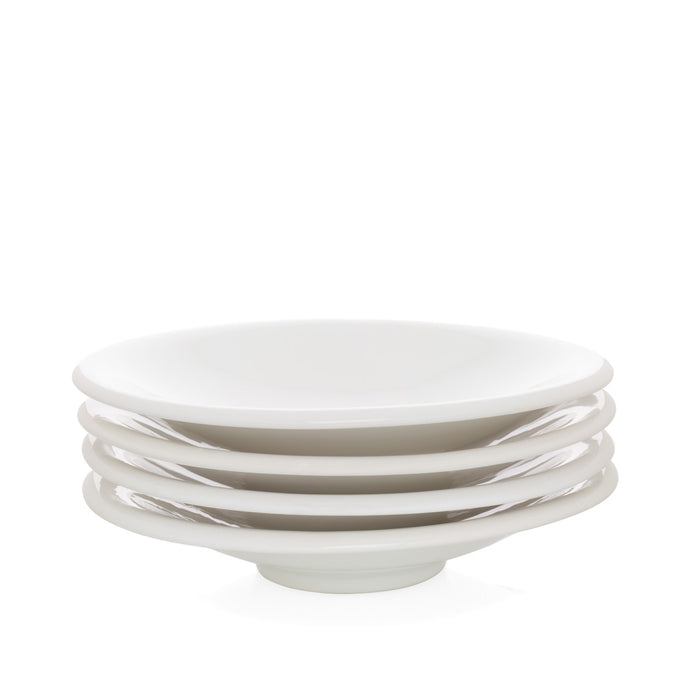 Stack of five white ceramic individual pasta bowls, 10.75" diameter.