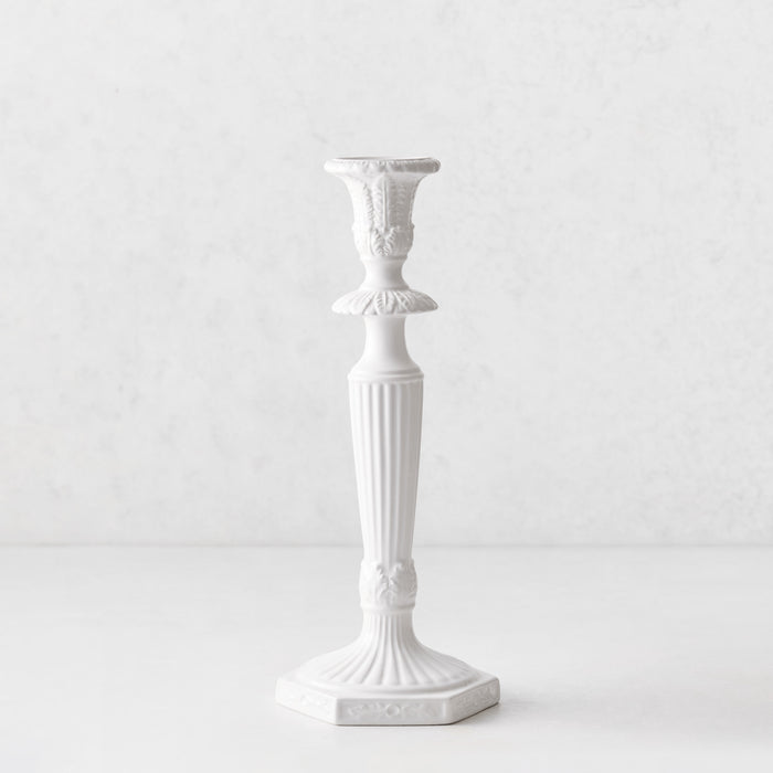 Small white Italian ceramic candlestick with intricate antique-style detailing and a fluted base, 13 inches tall.