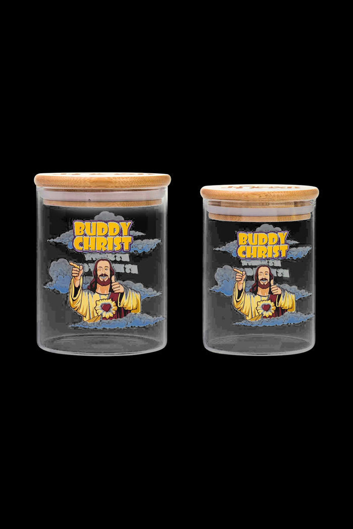 Front view of the Jay and Silent Bob "Buddy Christ" Stash Jar, showcasing a detailed, colorful illustration on a clear glass container.