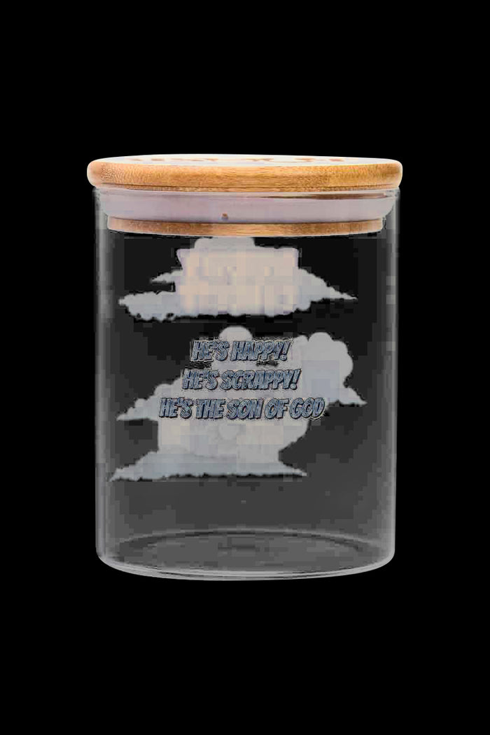 Front view of the Jay and Silent Bob "Buddy Christ" Stash Jar, a clear glass jar with a religious-themed graphic on the side.