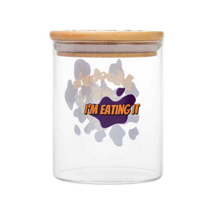 Front view of the “Jay and Silent Bob Moobys” Stash Jar, a clear glass container with a rounded shape and textured base.