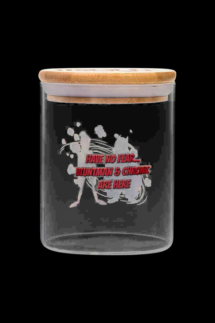 Front view of the Jay and Silent Bob Stash Jar - Bluntman & Chronic, a clear glass jar with a screw-on lid.
