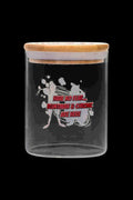 Front view of the Jay and Silent Bob Stash Jar - Bluntman & Chronic, a clear glass jar with a screw-on lid.