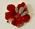Jewelry - Brooch - Lapel Pin - Enamel Red Lily with 3 Rhinestone Crystal Stamens for Jacket, Shirt and Hat