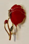 Jewelry - Brooch - Lapel Pin - Enamel Red Poppy Side View with Rhinestone Clear & Green Crystals for Jacket, Shirt and Hat