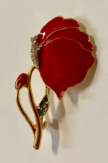 Jewelry - Brooch - Lapel Pin - Enamel Red Poppy Side View with Rhinestone Clear & Green Crystals for Jacket, Shirt and Hat