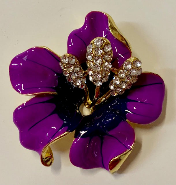 Jewelry - Brooch - Lapel Pin - Purple Lily with 3 Rhinestone Crystal Stamens for Jacket, Shirt and Hat