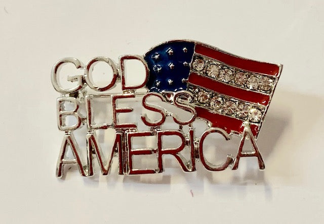 Jewelry - Brooch - Lapel Pin - Rhinestone Crystal God Bless America with Flag for Jacket, Shirt and Hat