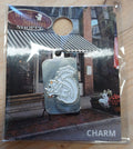 Packaged charm featuring a white squirrel with a silver background, from the White Squirrel Shoppe.