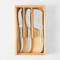 Laguiole 3-piece stainless steel cheese knife set in an olive wood box: spreader, spronged knife, cleaver.