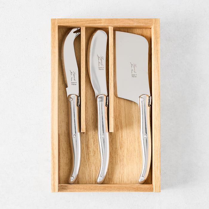 Laguiole 3-piece stainless steel cheese knife set in an olive wood box: spreader, spronged knife, cleaver.